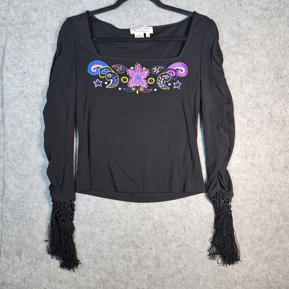 Adrianna Papell Black Floral Embroidered Ruched Fringe Top‎ Boho Festival Sz S